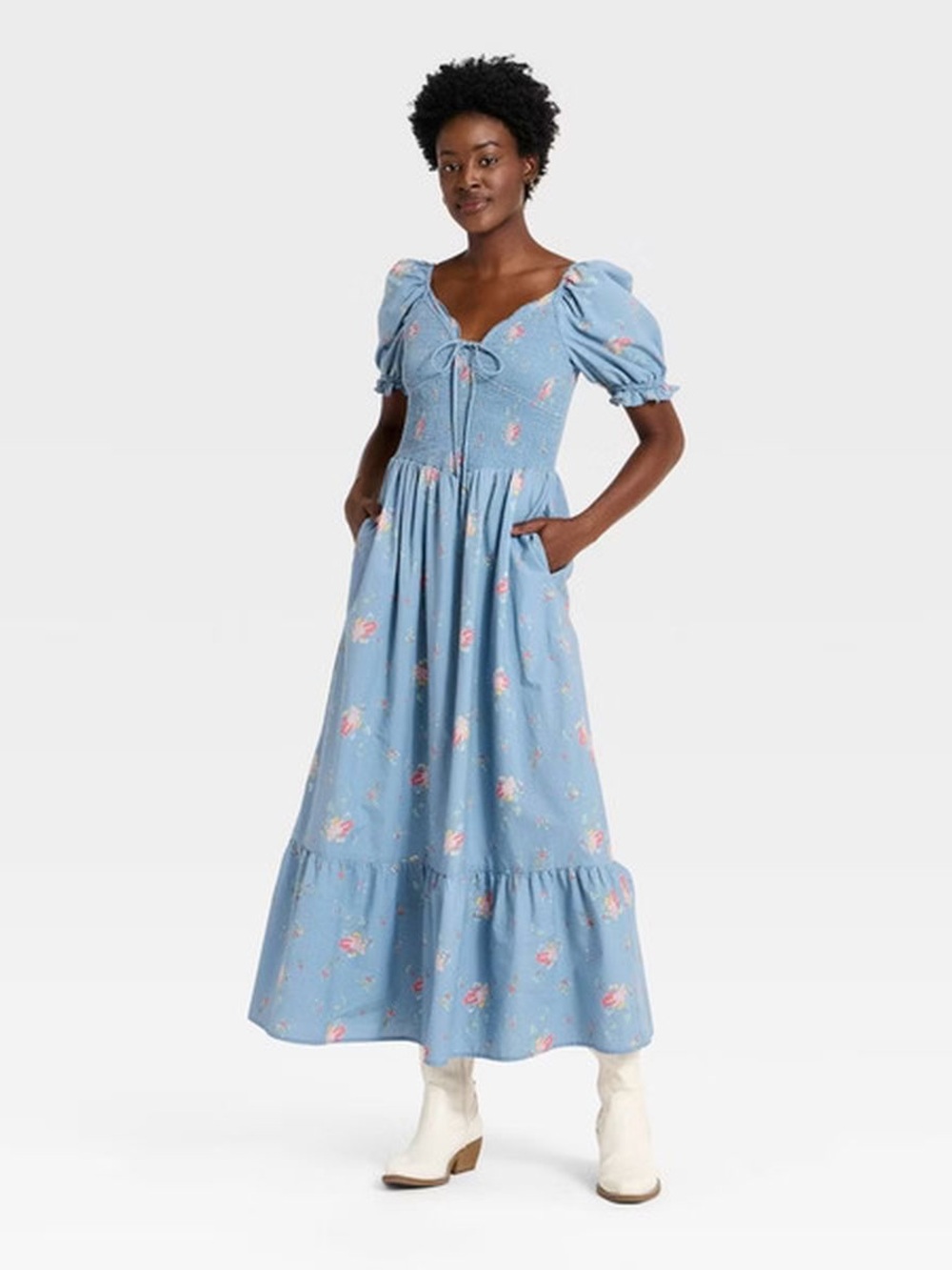 NWOT Universal Thread Blue Floral Western Puff Sleeve Maxi Dress